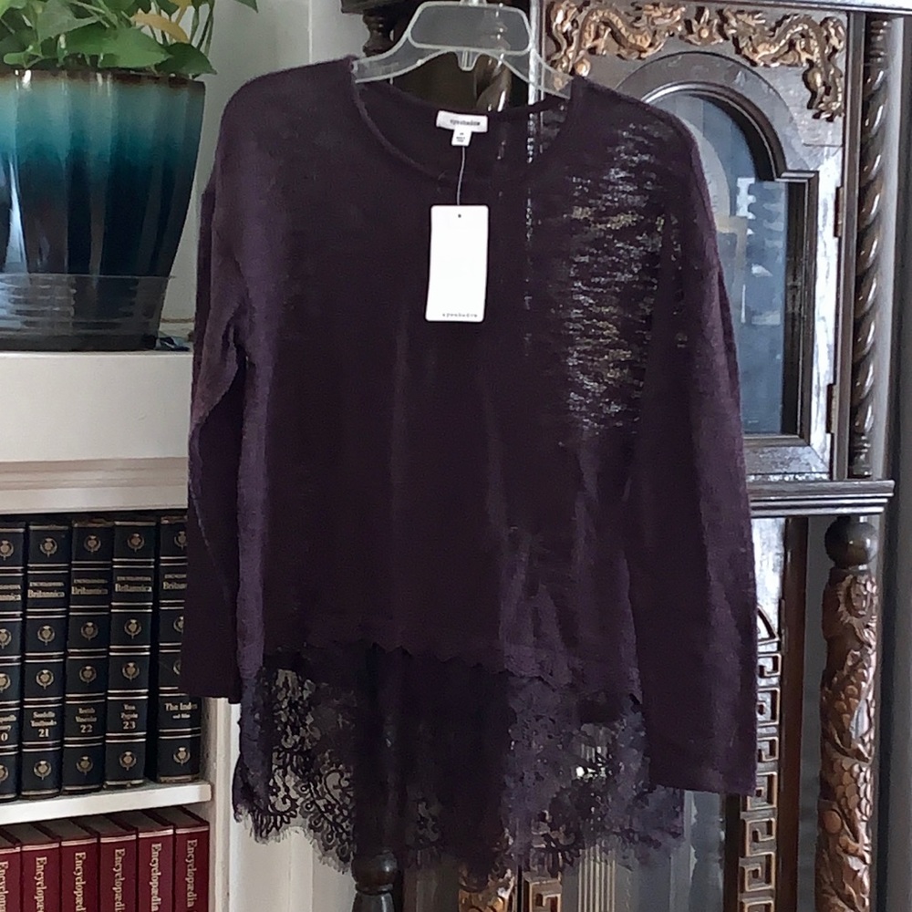 New Eyeshadow Pull Over Dark Purple Sweater w/ Lace Bottom, Sz Medium
